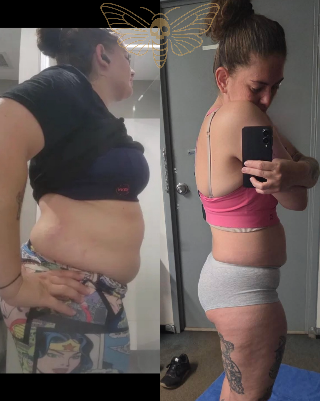 Before and after side profile of a female client showing weight loss achieved with Nick Audet, body recomposition coach at Manifest Fitness Institute Dallas