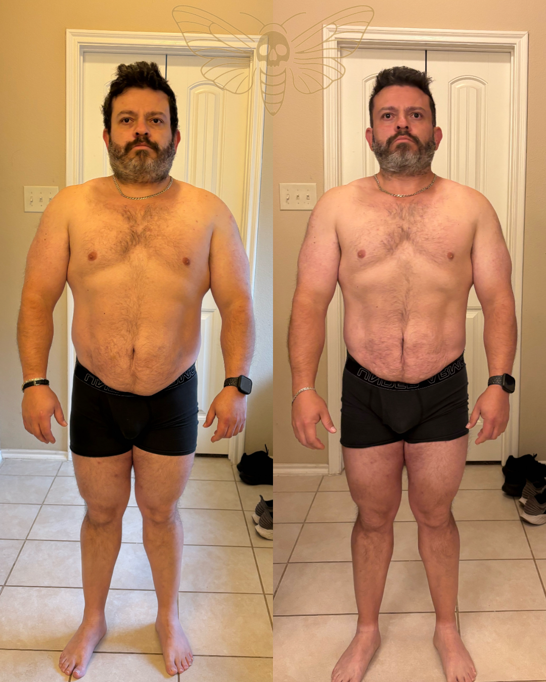 Before and after front view of a male client who lost body fat training with Nick Audet at Manifest Fitness Institute Dallas