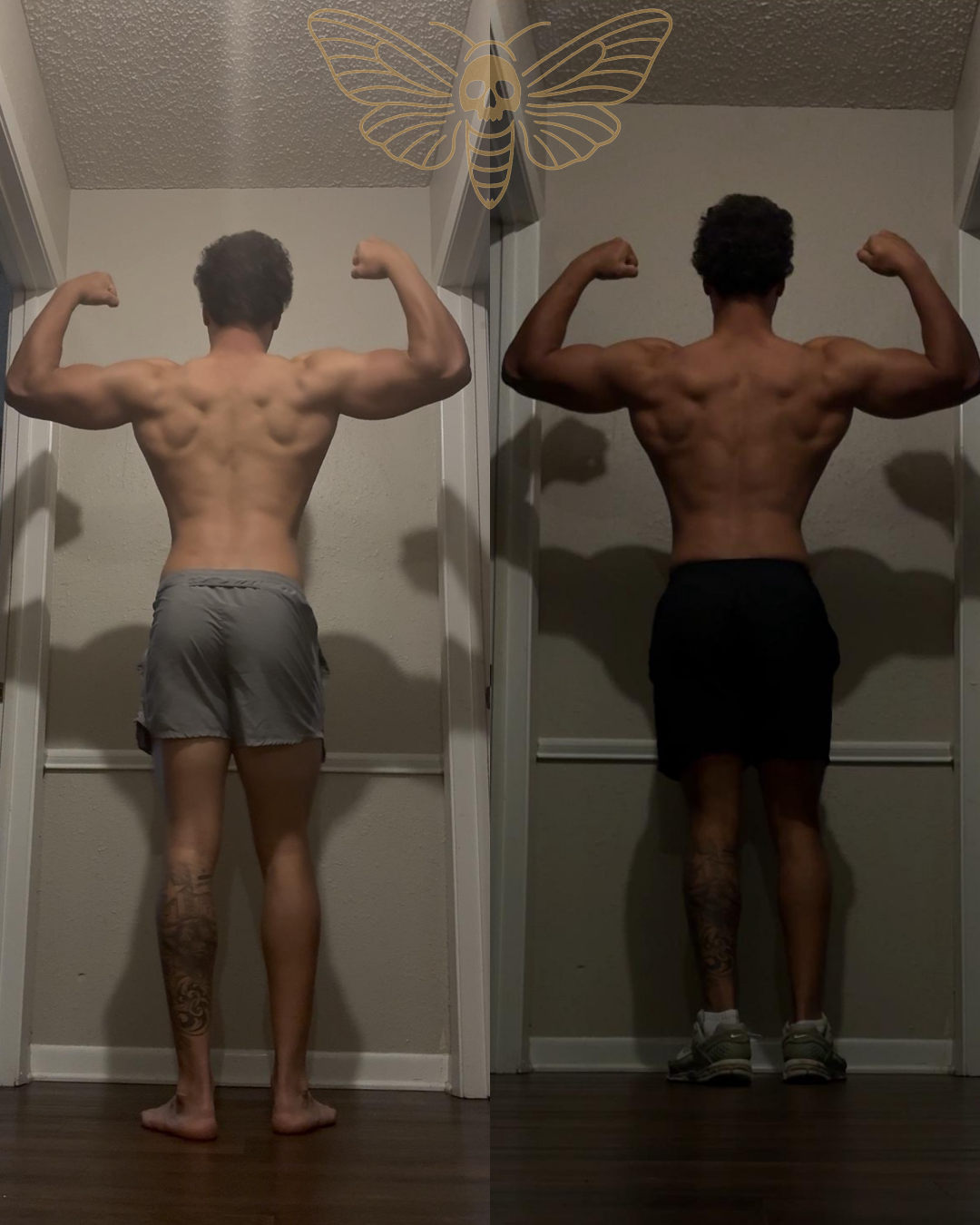 Before and after rear double biceps pose of a male client who added back and arm muscle training with Nick Audet in Dallas