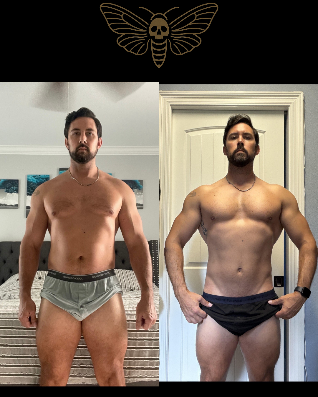 Before and after front view of a male client who built muscle definition training with Nick Audet, bodybuilding and body recomposition coach in Dallas