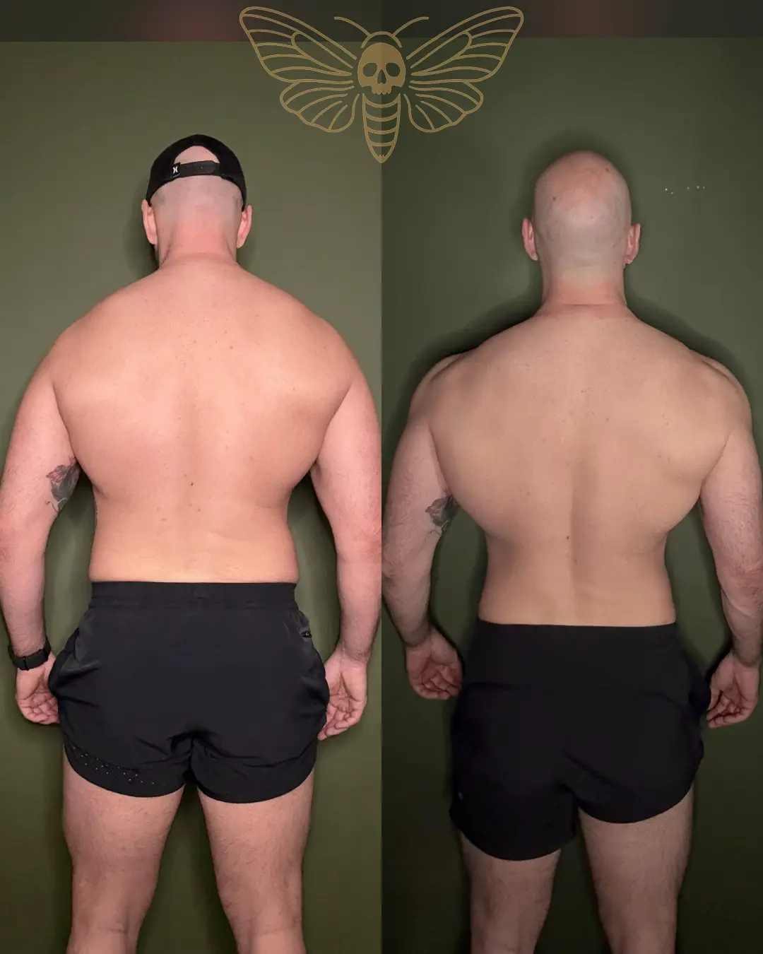 Before and after back view of a male client showing fat loss and a tighter waistline after coaching with Nick Audet at Manifest Fitness Institute Dallas