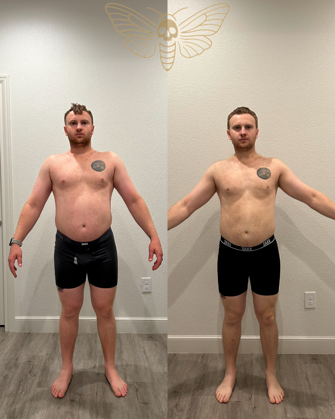 Before and after front view of a male client showing fat loss and a leaner midsection after coaching with Nick Audet in Dallas