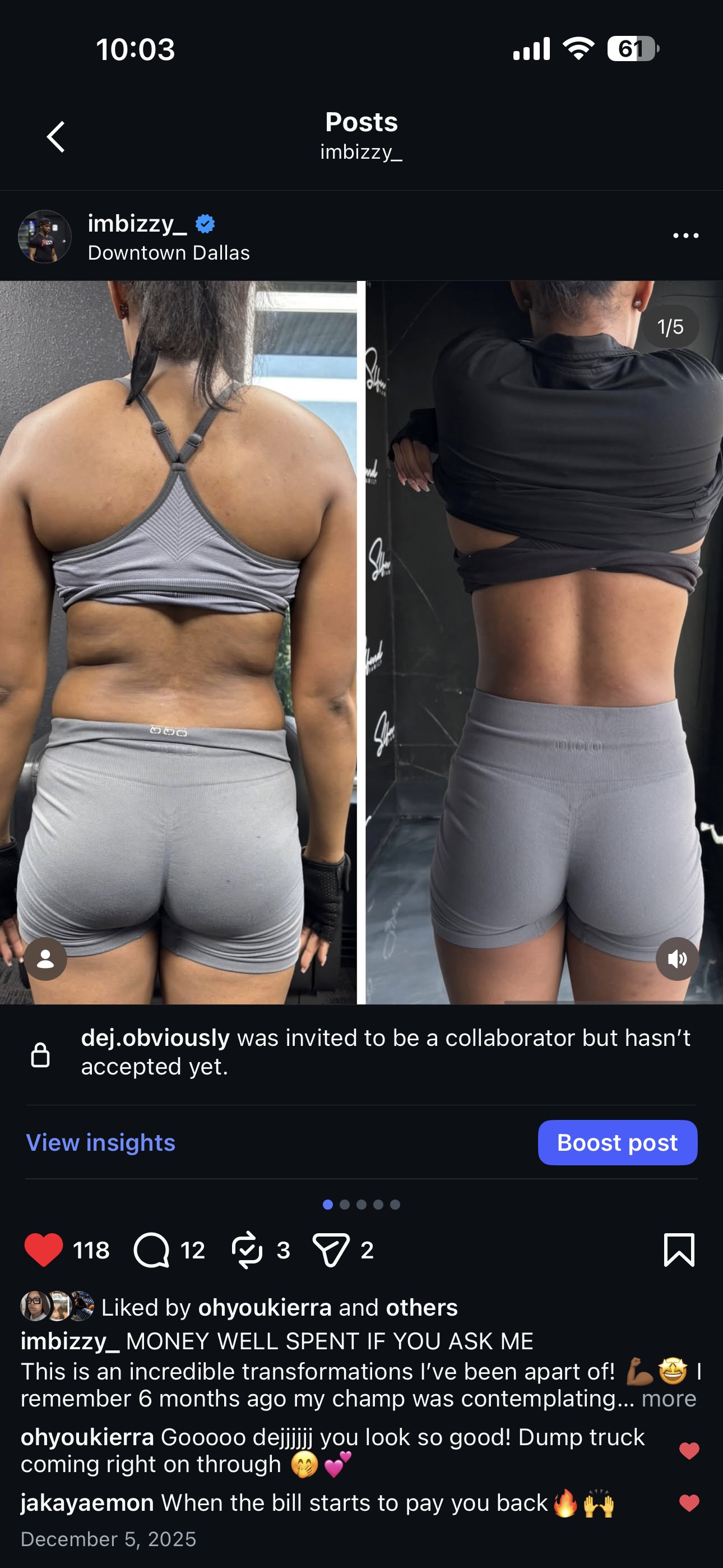 Client transformation photo shared by Lee Lincoln, personal trainer at Manifest Fitness Institute Dallas