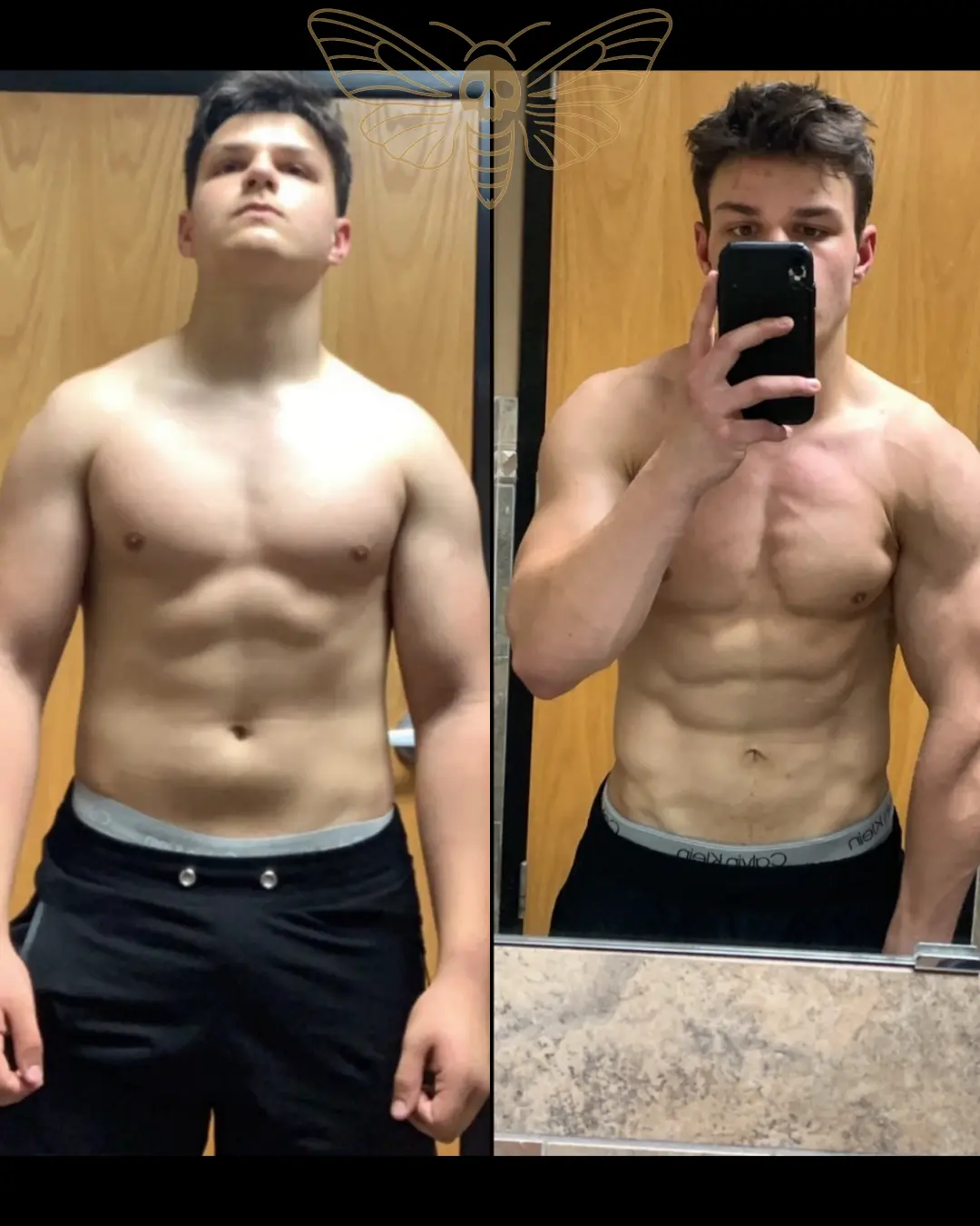 Before and after front view of a young male client who leaned out and added muscle with Nick Audet, bodybuilding coach in Dallas