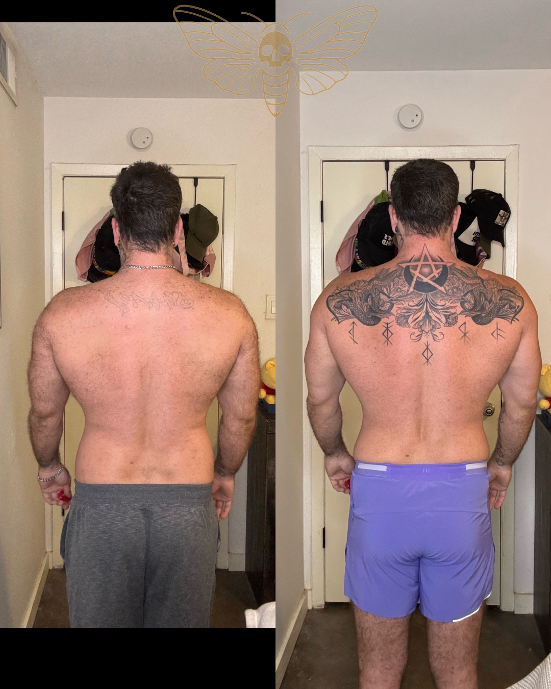 Before and after back view of a male client with improved back width and definition after training with Nick Audet in Dallas